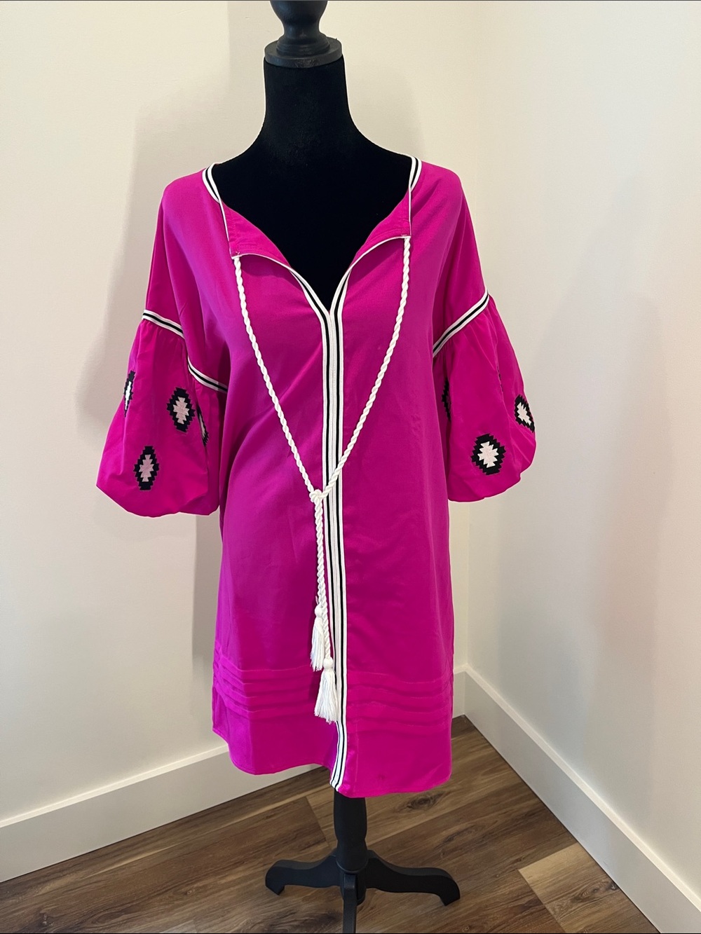 TCEC Fuchsia Embroidered V-Neck Tunic Dress with Tassel Tie